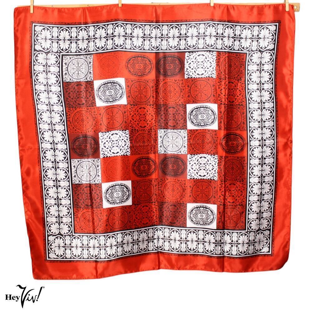 Vintage Satin Scarf in Dramatic Red White Black Geometric Square 36x36 - Hey Viv
